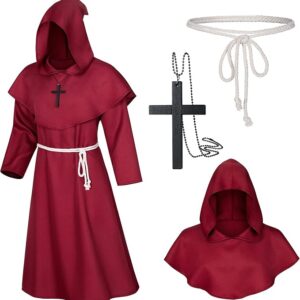 Medieval Renaissance Monk Friar Illuminati Wizard Cloak Hooded Robe Cosplay Belt Necklace Set