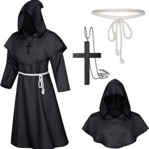 Medieval Renaissance Monk Friar Illuminati Wizard Cloak Hooded Robe Cosplay Belt Necklace Set