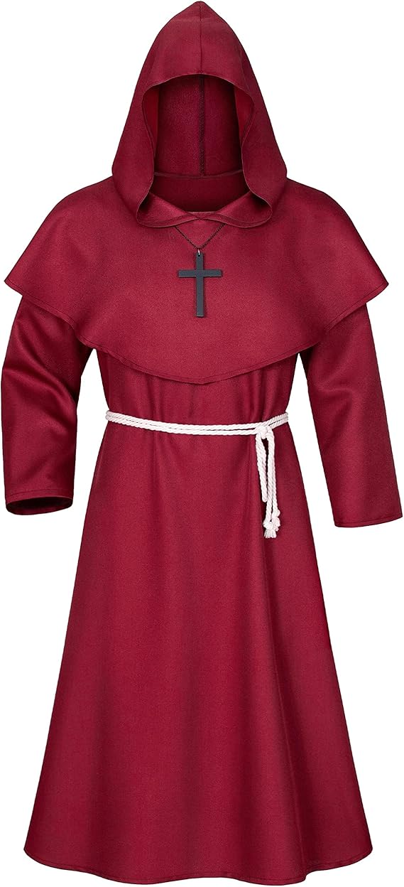 Medieval Renaissance Monk Friar Illuminati Wizard Cloak Hooded Robe Cosplay Belt Necklace Set - Image 2