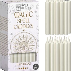 SOUL STICKS Happiness Magic Spell Chime Candles White Taper Candles 20 Pack - Taper Candle White for Altar, Rituals, Ceremonies, Meditation, Witchcraft Supplies, Wiccan, Candles Clearance