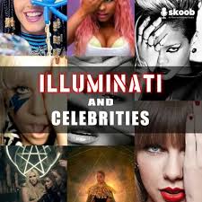 Illuminati symbol with dollar bills and famous celebrity faces, representing conspiracy theories about Illuminati connections.