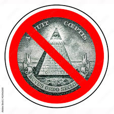 Illuminati membership scams warning sign with cracked pyramid and red scam stamp
